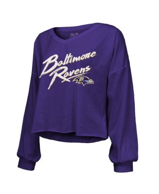 Women's Derrick Henry Purple Baltimore Ravens Name Number Off-Shoulder Script Cropped Long Sleeve V-Neck T-Shirt