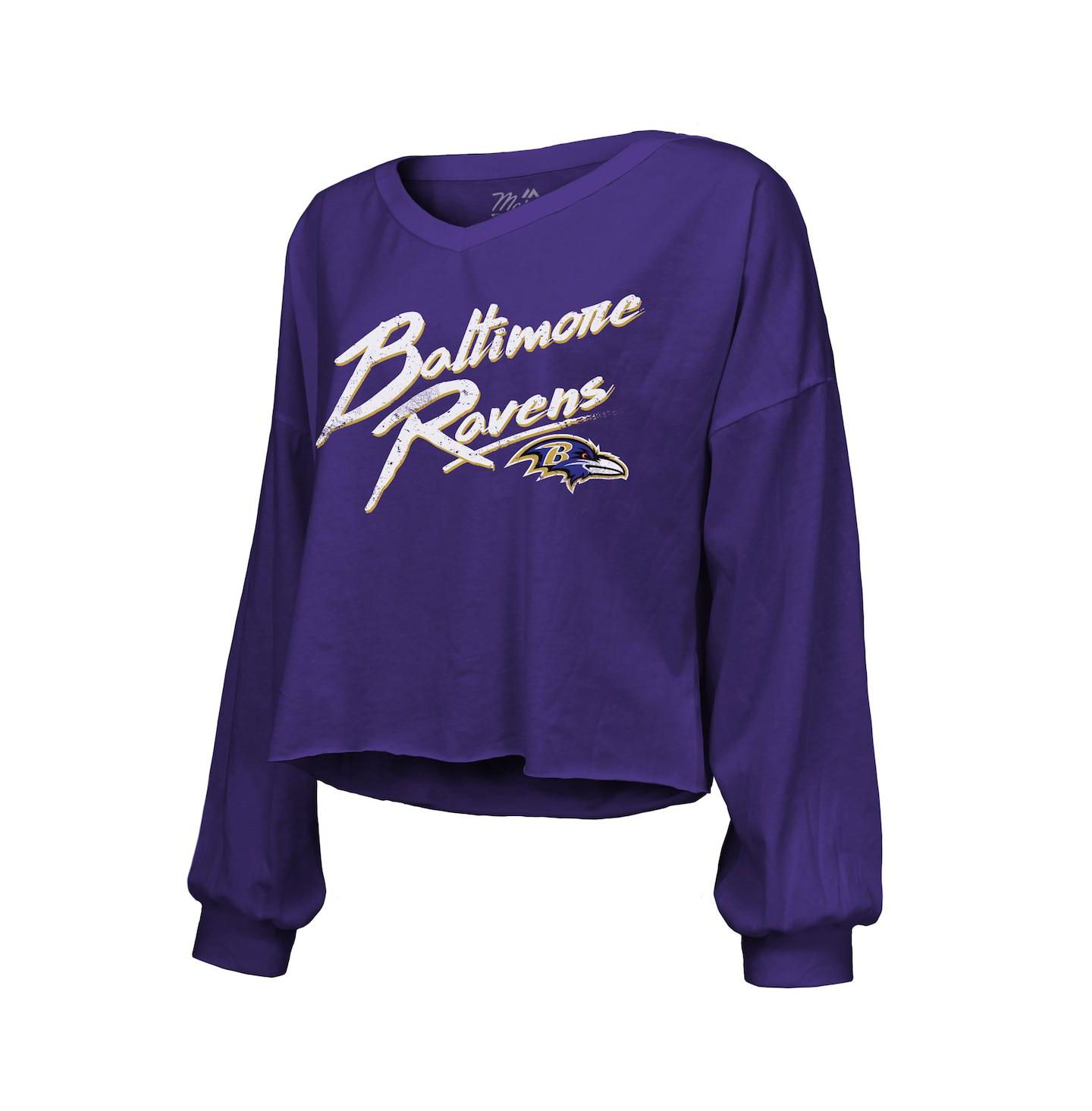 Женская футболка Majestic Derrick Henry Purple Baltimore Ravens Name & Number Off-Shoulder Script Cropped Long Sleeve V-Neck — фото 2