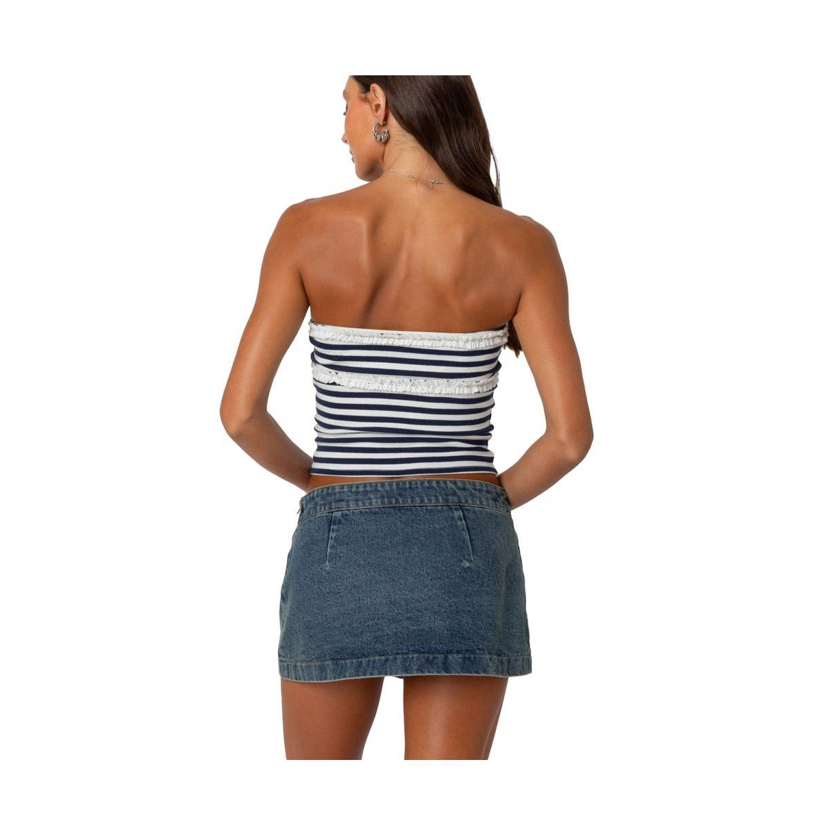 Edikted Women's Striped Eyelet Trim Tube Top - Navy-and-white