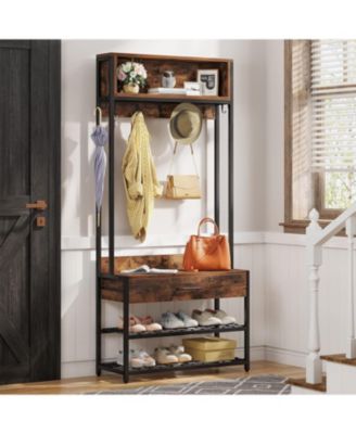 3-in-1 Entryway Hall Tree – Industrial Coat Rack with Shoe Bench, Drawer, Hutch & 9 Hooks for Bedroom or Living Room