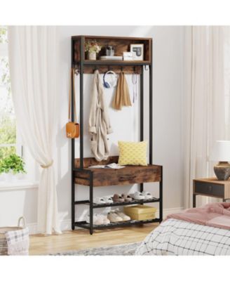 3-in-1 Entryway Hall Tree – Industrial Coat Rack with Shoe Bench, Drawer, Hutch & 9 Hooks for Bedroom or Living Room