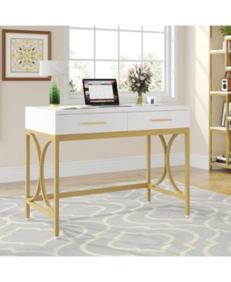 White & Gold Computer Desk with Drawers Modern Vanity & Writing Table with Storage for Home Office or Bedroom