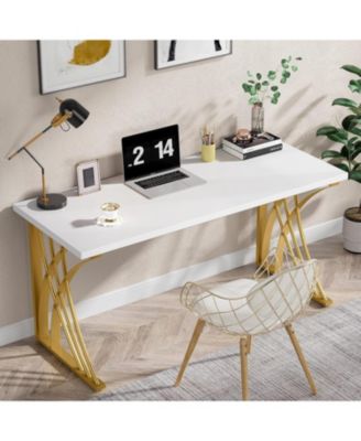 55   Large Modern Computer Desk, White & Gold Luxury Laptop PC Student Table, Makeup Vanity Table, Sturdy Writing Workstation