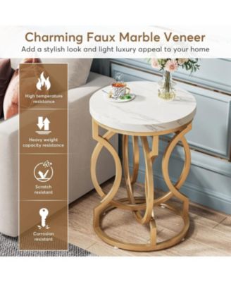 Round End Table, Multifunctional Accent Table Small Side Table for Living Room, Modern White Gold Nightstand with Faux Marble Tabletop, Bedside Table for Bedroom (1 PC)