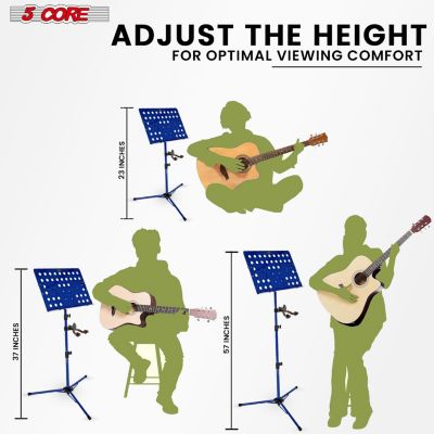 Music Stand For Sheet Music Height Adjustable Portable Folding Atril Para Partituras w Light Clip for Guitar Players Violinists Cellists Pianists - MUS FLD HD ACC BLU