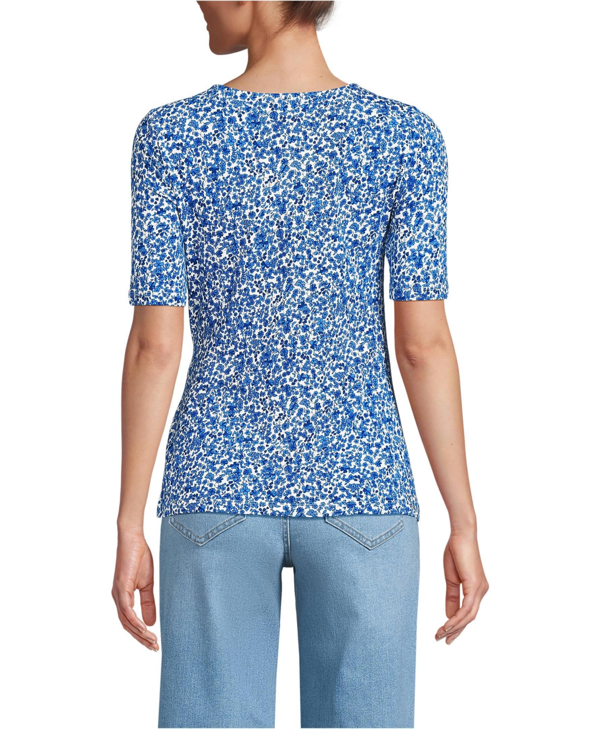 Lands' End Petite Lightweight Jersey Tie Front Top -vista blue flowers