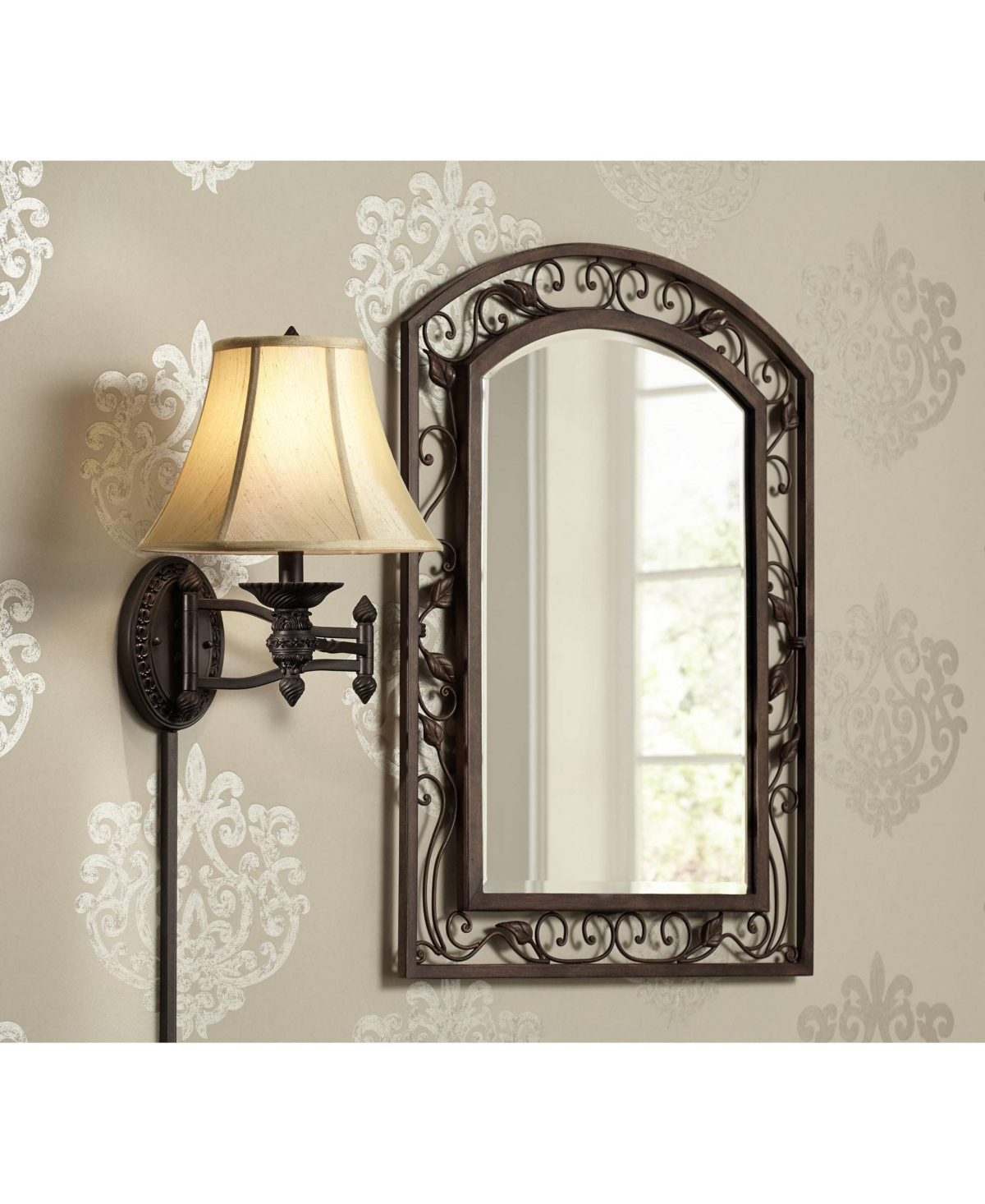 Barnes and Ivy Godia French Country Indoor Swing Arm Wall Lamp Bronze Plug-In Light Fixture Dimmable Beige Softback Bell Shade for Bedroom Bedside Hou