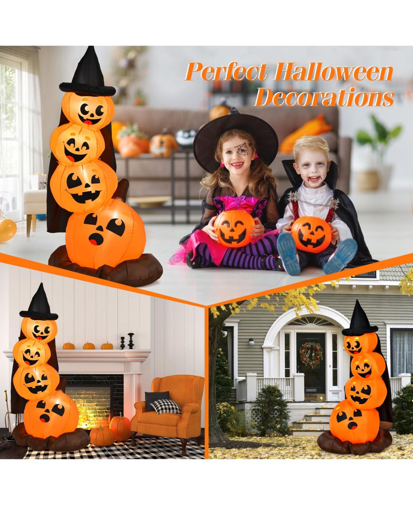 Детские игрушки VEBREDA 7 Feet Halloween Inflatable Pumpkin Combo with Witch's Hat and LED Lights, цвет: Оранжевый — фото 7