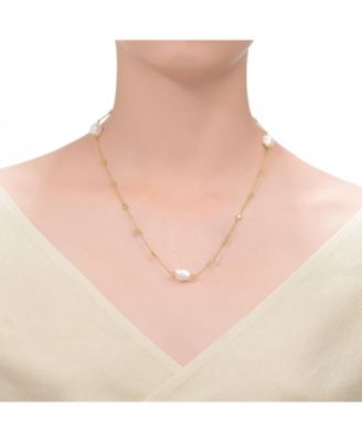 Sterling Silver 14k Yellow Gold Plated Baroque Pearl Bead Station Necklace, Adjustable Length