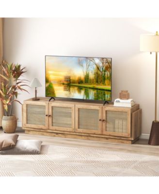 Farmhouse TV Stand for TVs up to 75 Inches with 2 Cabinets-Oak