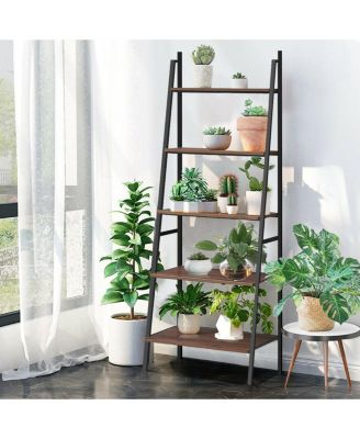 5 Tier Leaning Bookshelf Wood Metal Bookcase