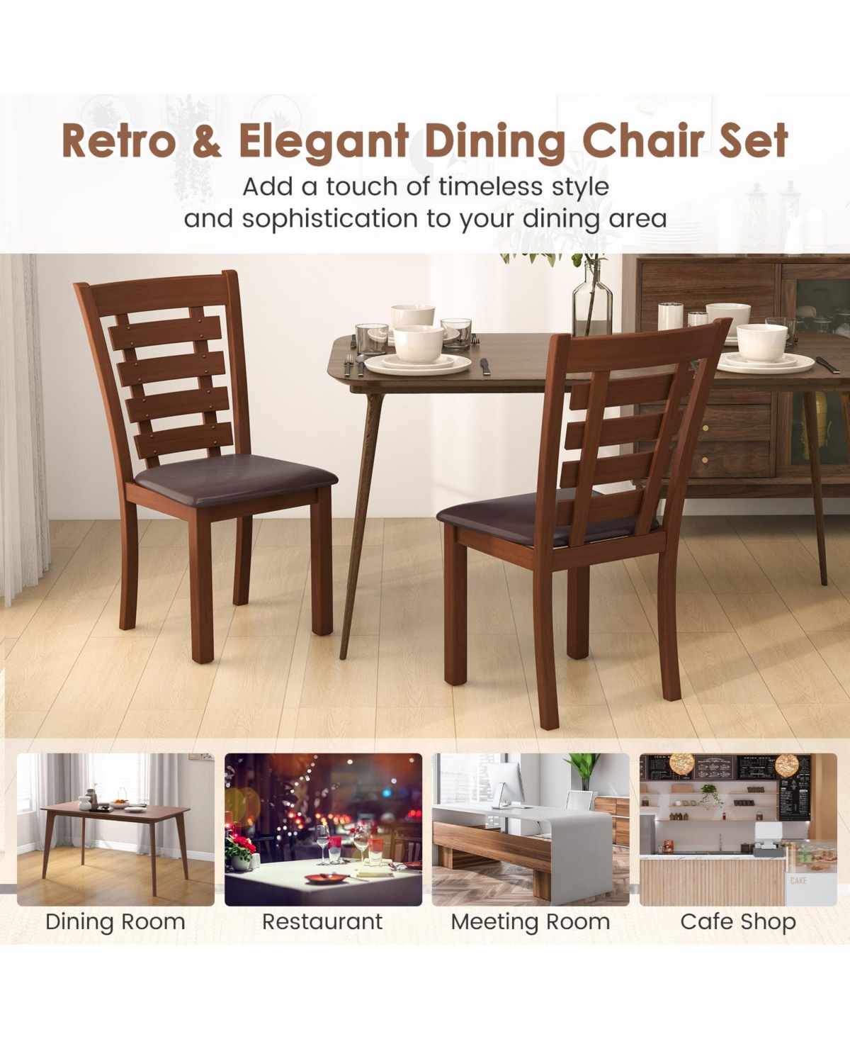 Sugift Wooden Dining Chairs Set of 2 with Upholstered Seat and Rubber Wood Frame-Brown