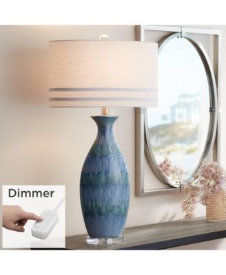 Annette Coastal Table Lamp 38" Tall Blue Ceramic Drip Vase with Table Top Dimmer Off White Oval Shade for Bedroom Living Room Home
