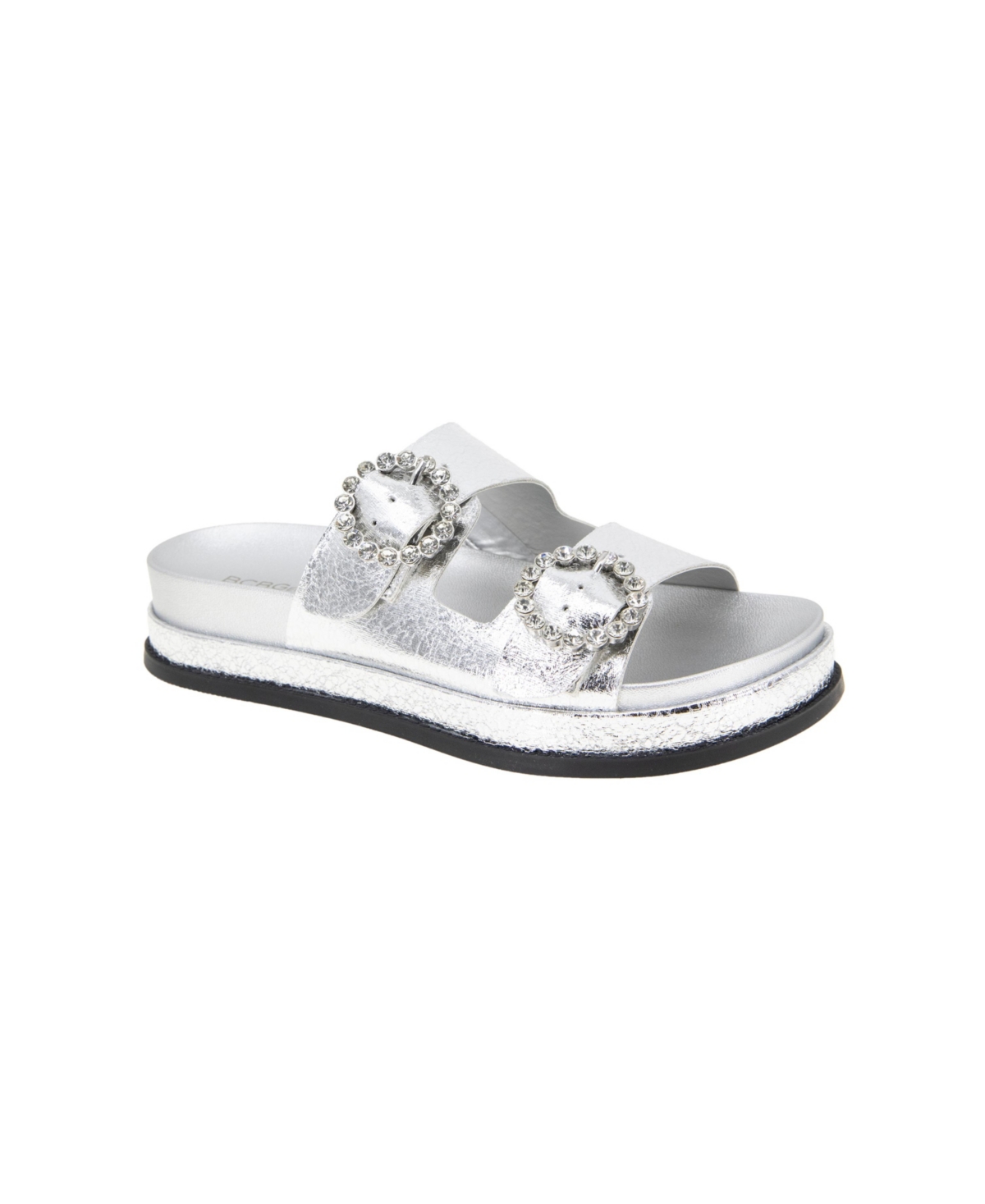 Women's Batina Rhinestone Buckle Double Band Flat Sandals - Silver Metallic