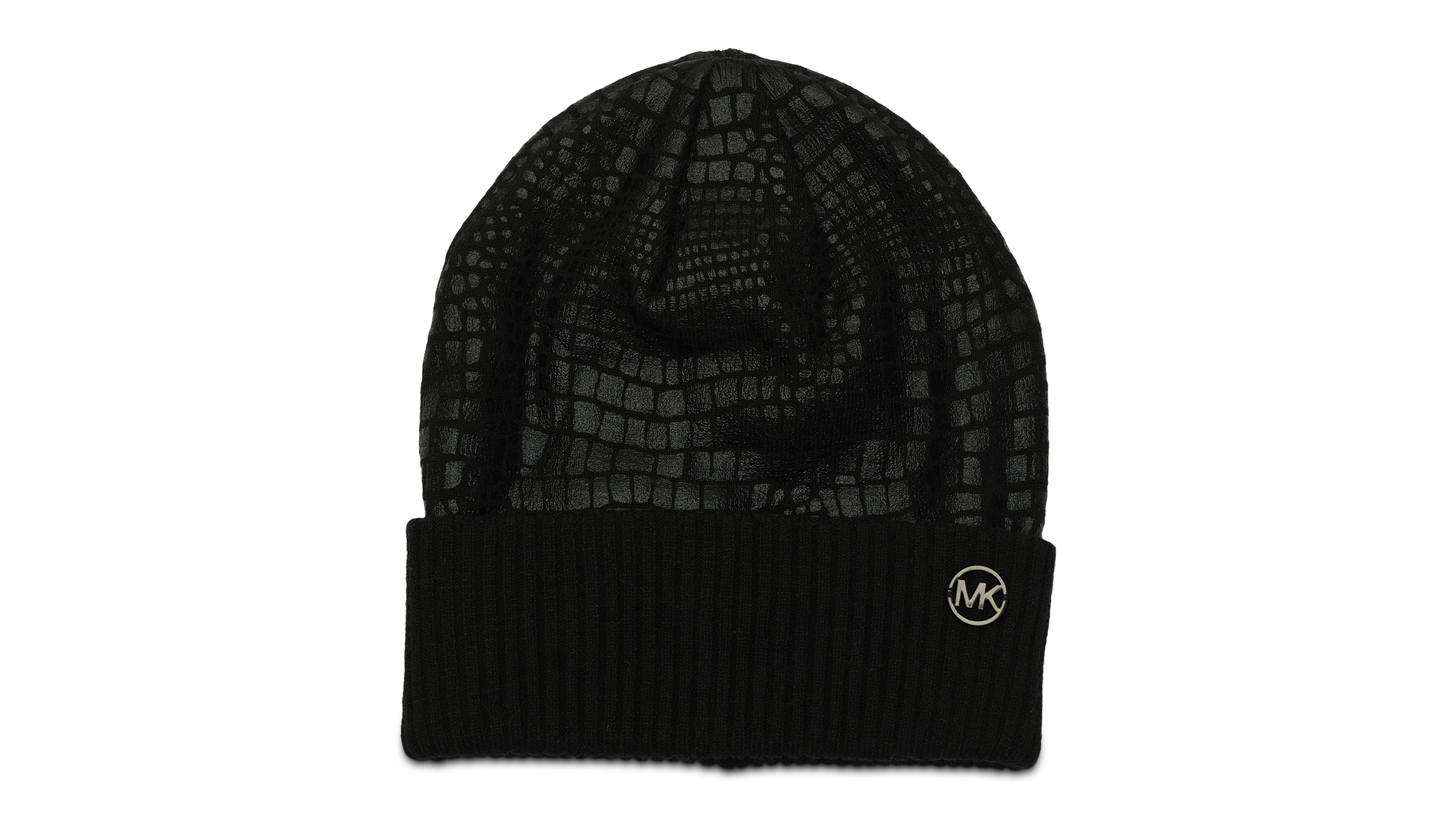Michael Michael Kors Logo Charm Ribbed Trim Croc-Embossed Beanie