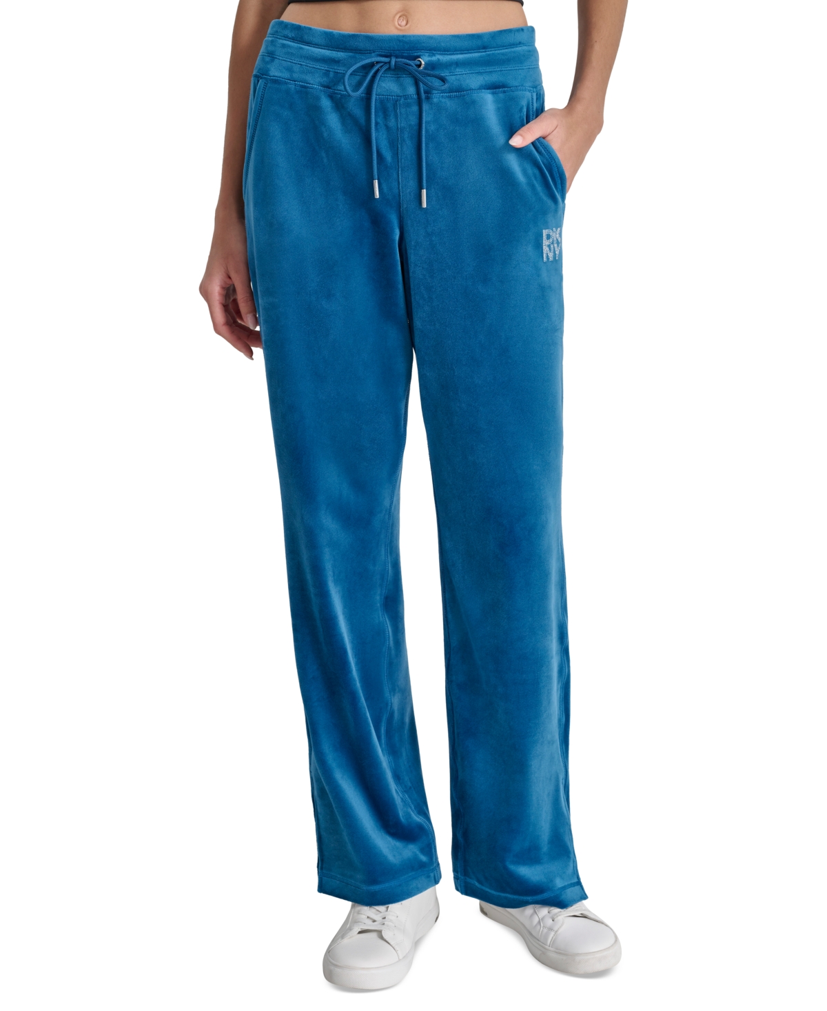 Women's Velour Rhinestone-Logo Side-Slit Track Pants - Poseidon