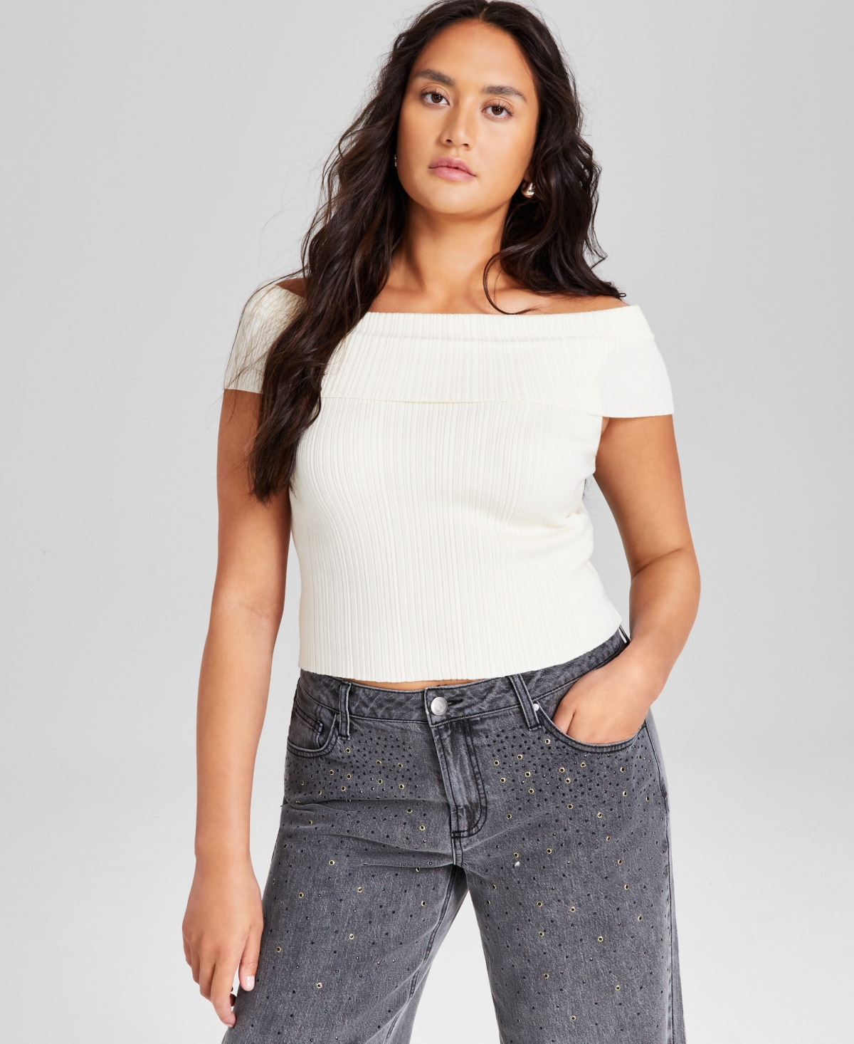 Women's Off-The-Shoulder Ribbed Knit Top, Created for Macy's - Palomino