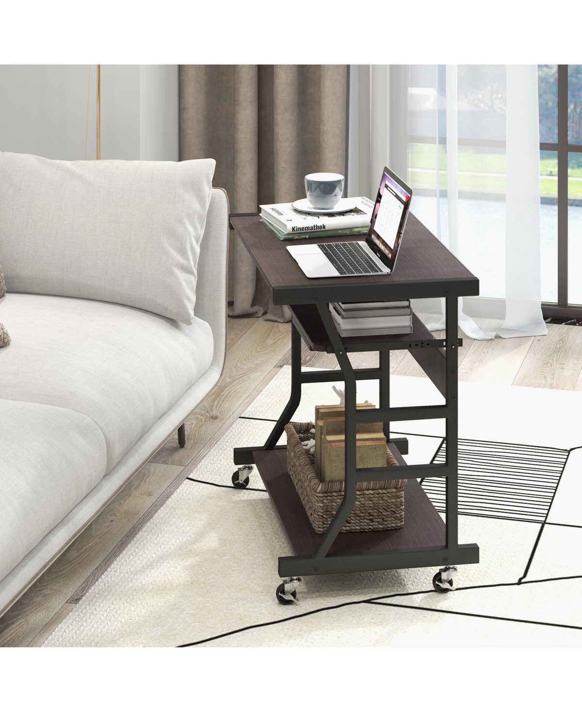 Skonyon Mobile Computer Desk with Keyboard Tray Mouse Tray and Shelf-Dark Brown