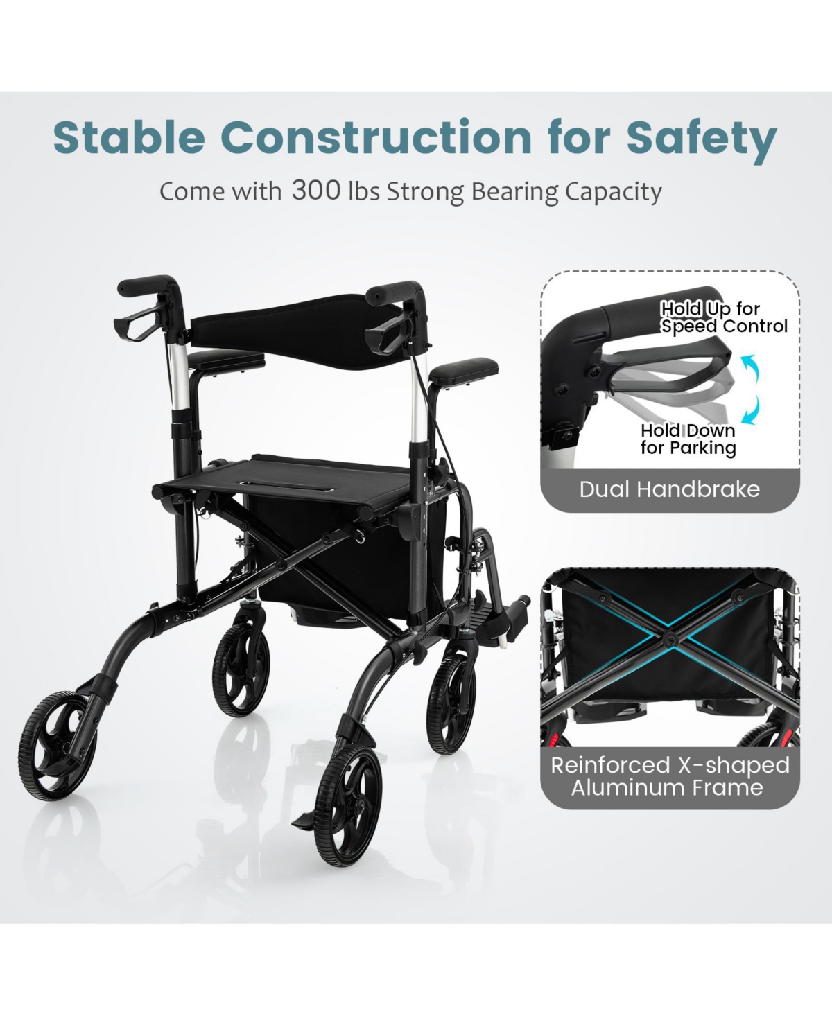 Sugift Folding Rollator Walker with Seat and Wheels Supports up to lbs- Black