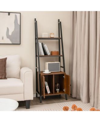 4-Tier Ladder Shelf with Cabinet and Metal Frame-Rustic Brown