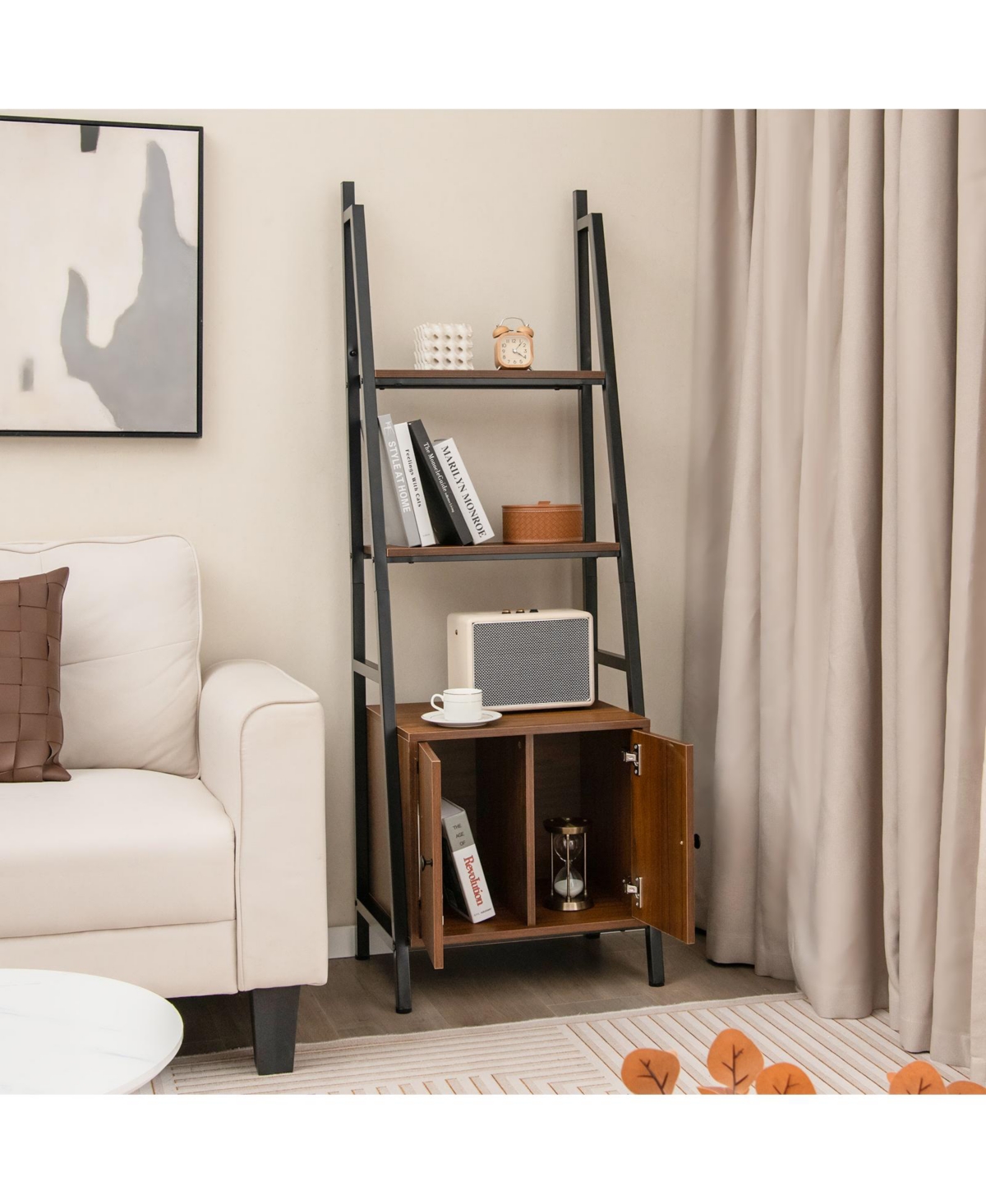 Sugift 4-Tier Ladder Shelf with Cabinet and Metal Frame-Rustic- Brown