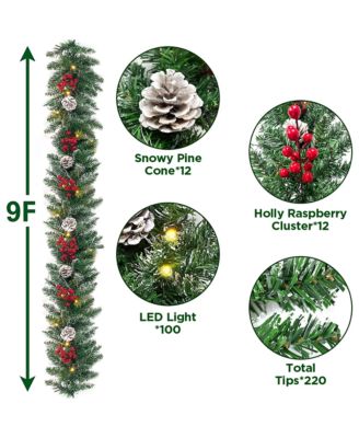 9ft Christmas Garland Battery Operated Waterproof 50 Light 220 Branches Pine Cones and Berries
