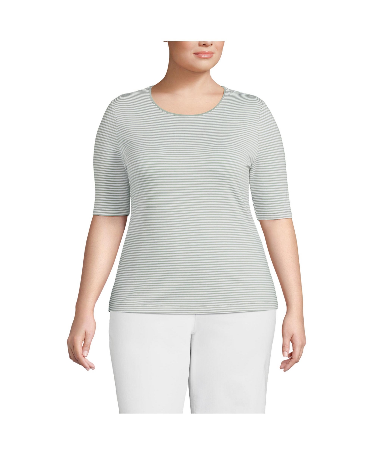Lands' End Plus Size Lightweight Jersey Skimming Elbow Sleeve Crew Neck T-shirt