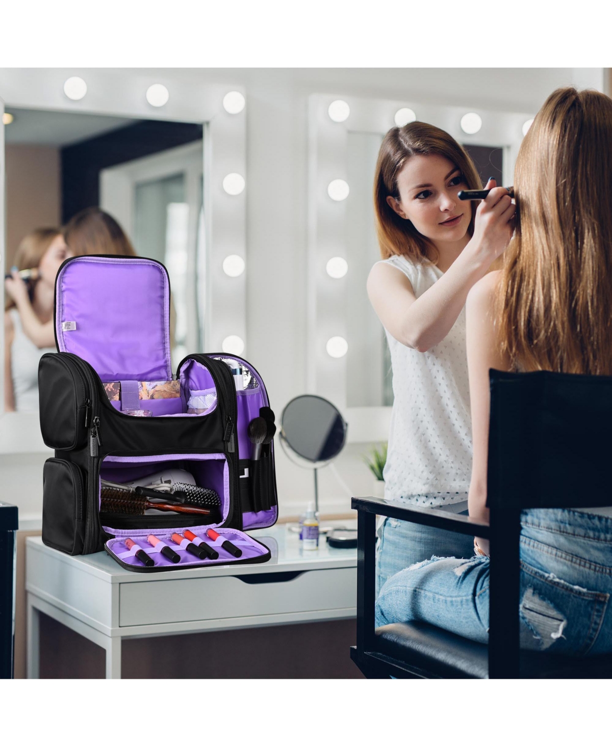 Byootique Portable Soft Sided Makeup Backpack Travel Barber Cosmetic Storage Organizer Travel with Removable Pouch for Makeup Artist Hairstylist, Purp