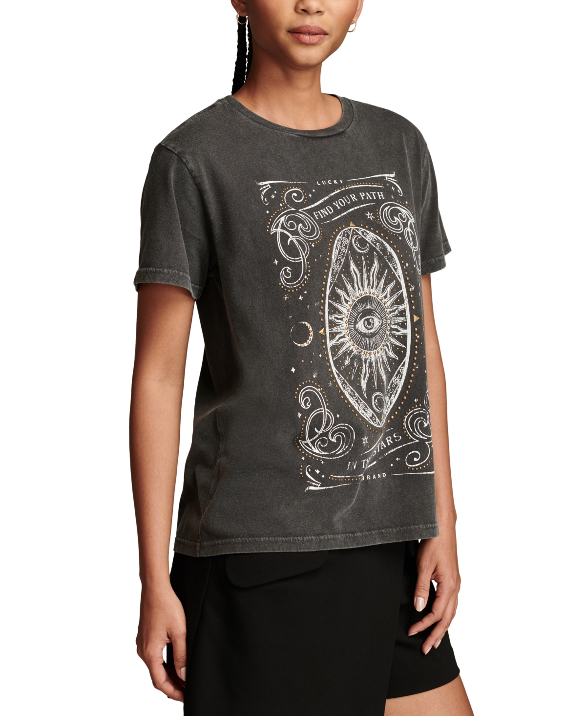Shop Lucky Brand Women's Find Your Path Studded Graphic Print Boyfriend T-shirt In Jet Black