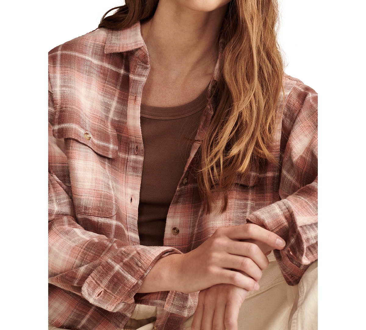 Shop Lucky Brand Women's Cotton Raw Edge Plaid Cropped Button Down Top In Peach Brown Plaid