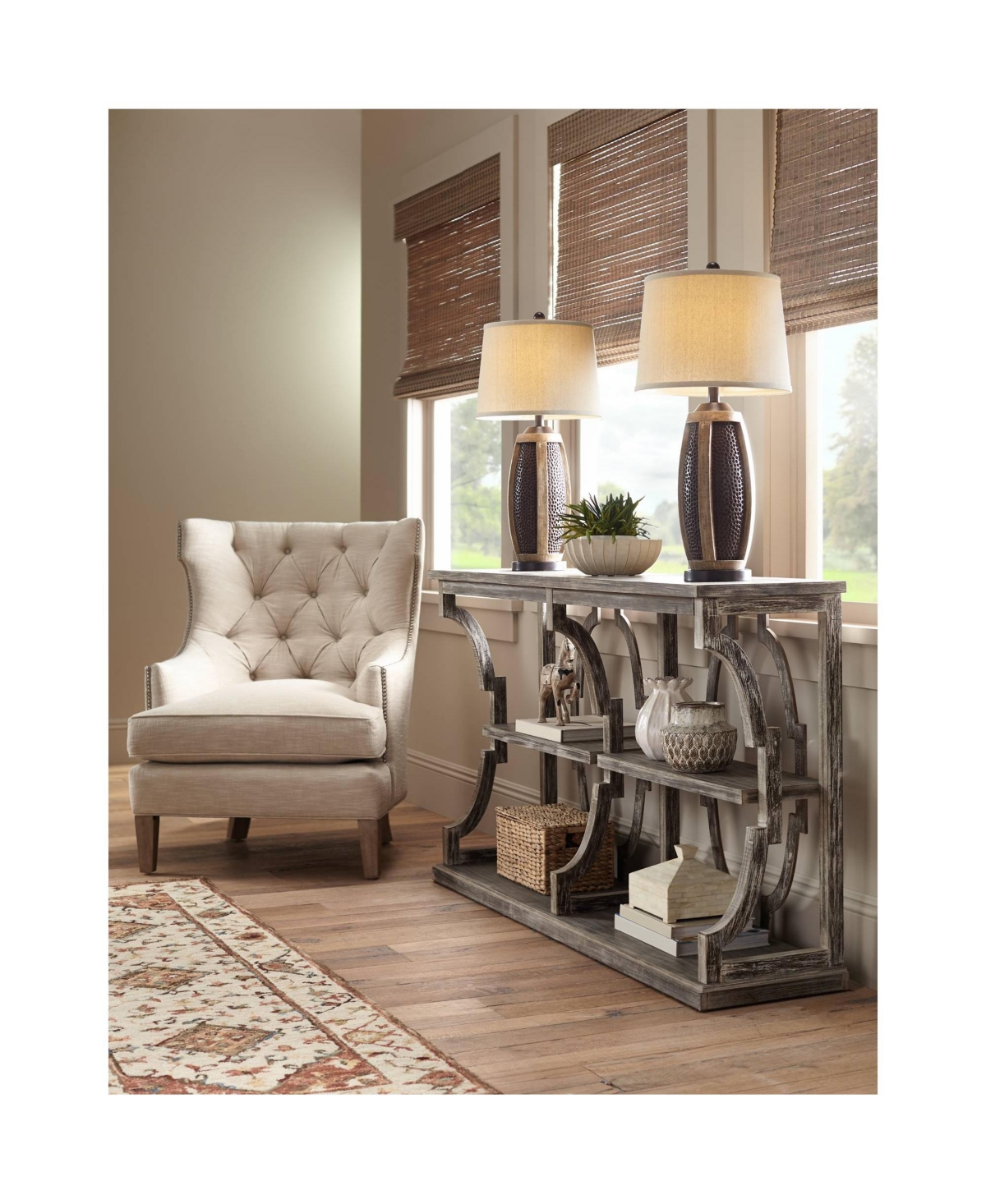 John Timberland Parker Rustic Farmhouse Table Lamps Tall Set of 2 with Usb Port Hammered Oil Rubbed Bronze Wood Accents Oatmeal Tapered Drum Sha