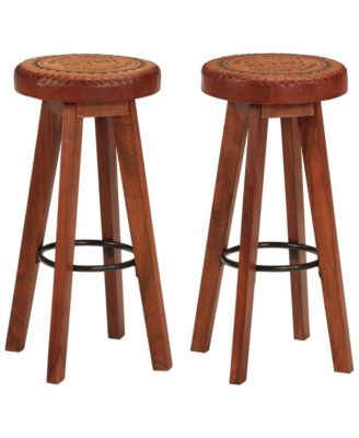 Bar Stools 2 pcs Real Leather and Solid Wood Acacia