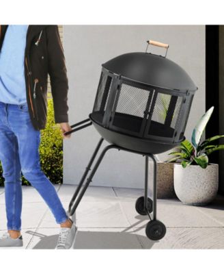 28 Inch Portable Fire Pit on Wheels with Log Grate-Black