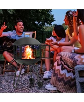 28 Inch Portable Fire Pit on Wheels with Log Grate-Black