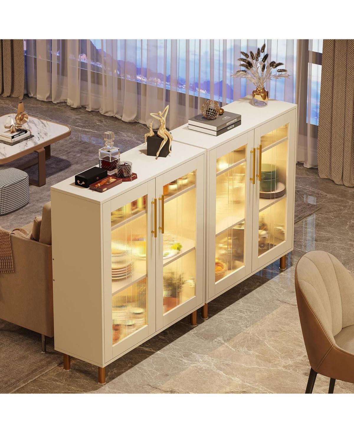 Tribesigns Set of 2 Buffet Cabinet with Storage, Modern Kitchen Accent Cabinet with Acrylic Doors and Led Light - White  gold
