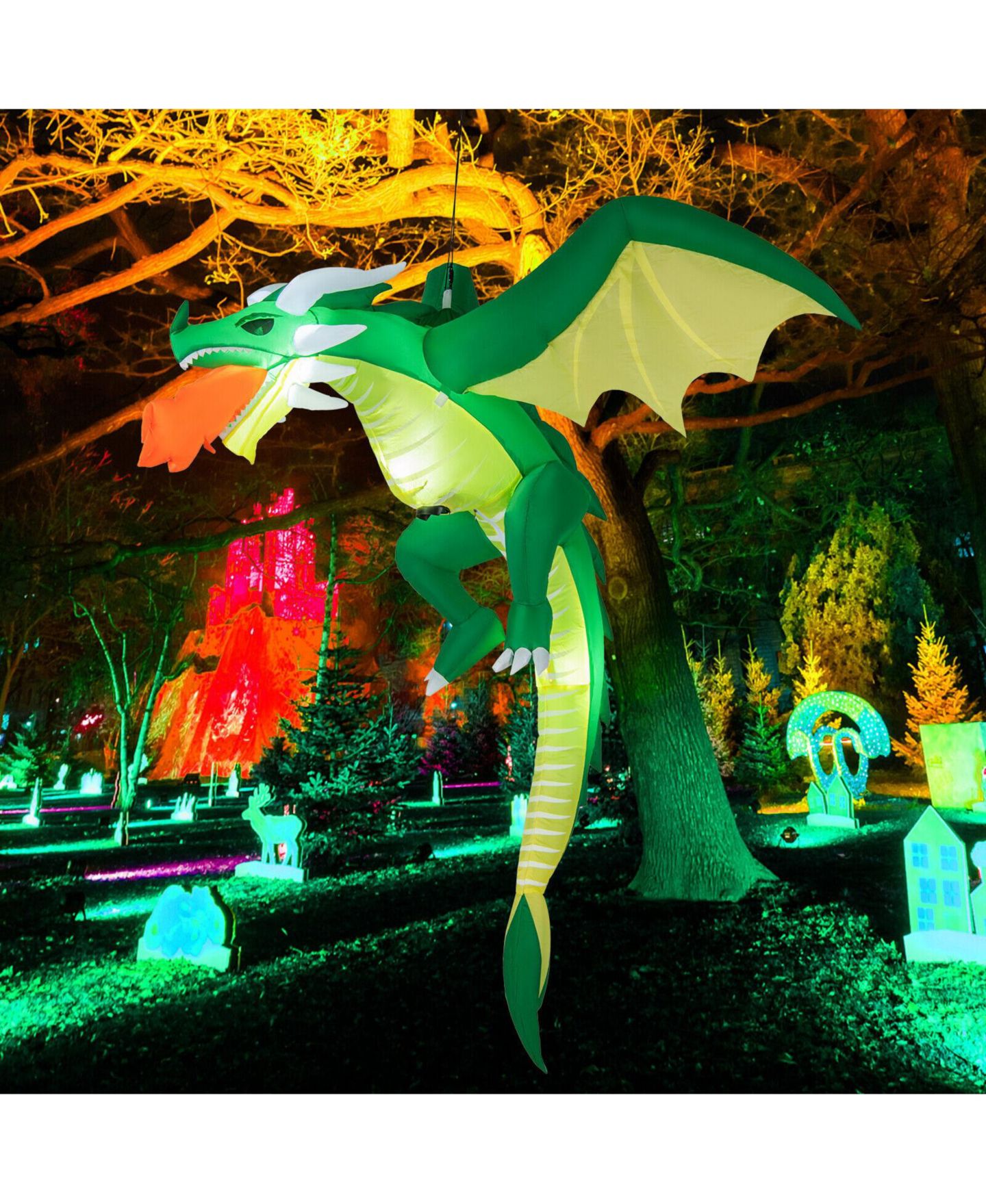Детская игрушка VEBREDA 5 Feet Hanging Halloween Inflatable Dragon with Waterproof Polyester Fabric, Stakes and Ropes for Yard, цвет: Зелёный — фото 4