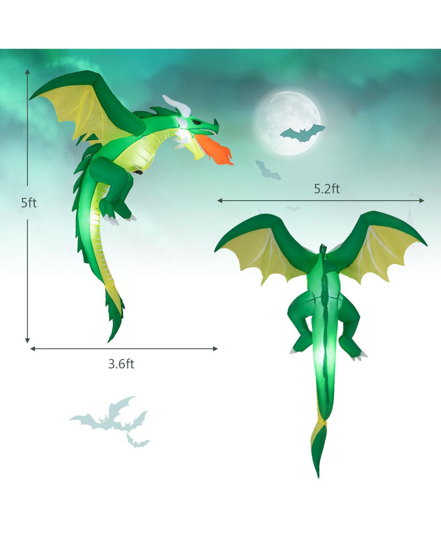 Детская игрушка VEBREDA 5 Feet Hanging Halloween Inflatable Dragon with Waterproof Polyester Fabric, Stakes and Ropes for Yard, цвет: Зелёный — фото 6