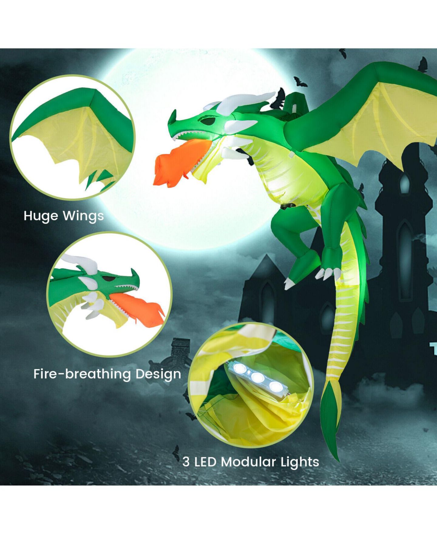 Детская игрушка VEBREDA 5 Feet Hanging Halloween Inflatable Dragon with Waterproof Polyester Fabric, Stakes and Ropes for Yard, цвет: Зелёный — фото 8