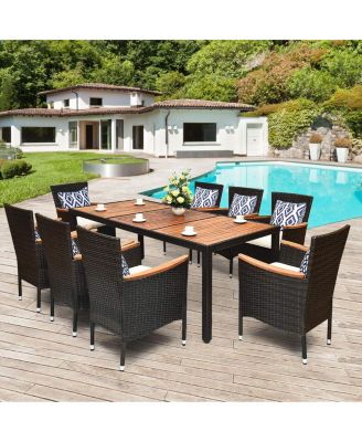 9 Pieces Rattan Dining Set with Acacia Wood Table and Stackable Cushioned Chairs