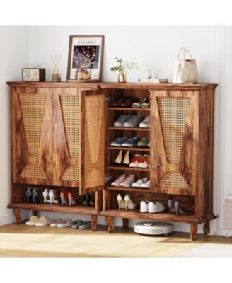 Rattan Shoe Cabinet for Entryway, 5-Tier Large Hidden Shoe Organizer Cabinet with Ventilated Doors, Modern Freestanding 25-Pair Shoe Rack