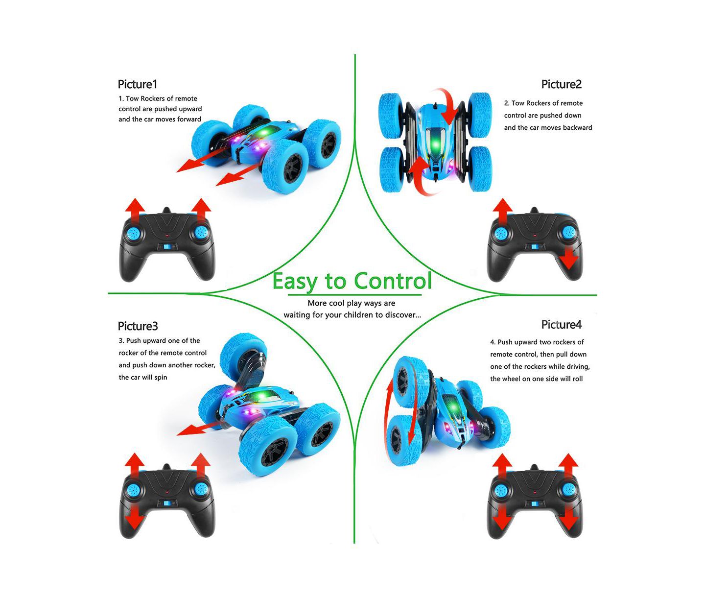 Детская игрушка Cowin 360-Degree Rotating Double-Sided Rechargeable Remote Control Car, цвет: Синий — фото 3