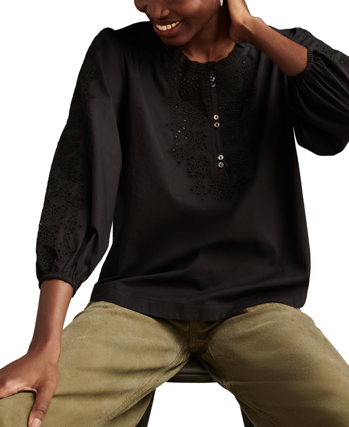 Lucky Brand Women's Cotton Eyelet-Embroidered 3/4-Sleeve Top