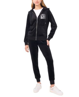 Vince Camuto Womens Velour Crystal Logo Hoodie Joggers In Black