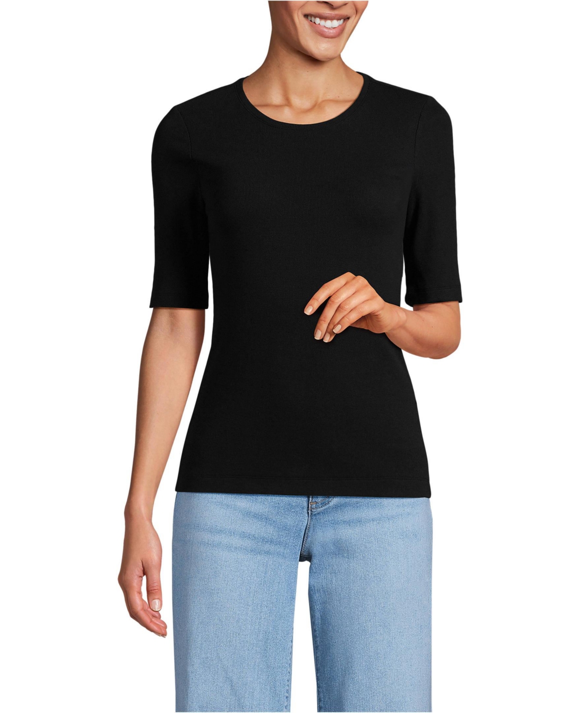 Lands' End Women's Drapey Rib Skimming Elbow Sleeve Crew Neck T-shirt