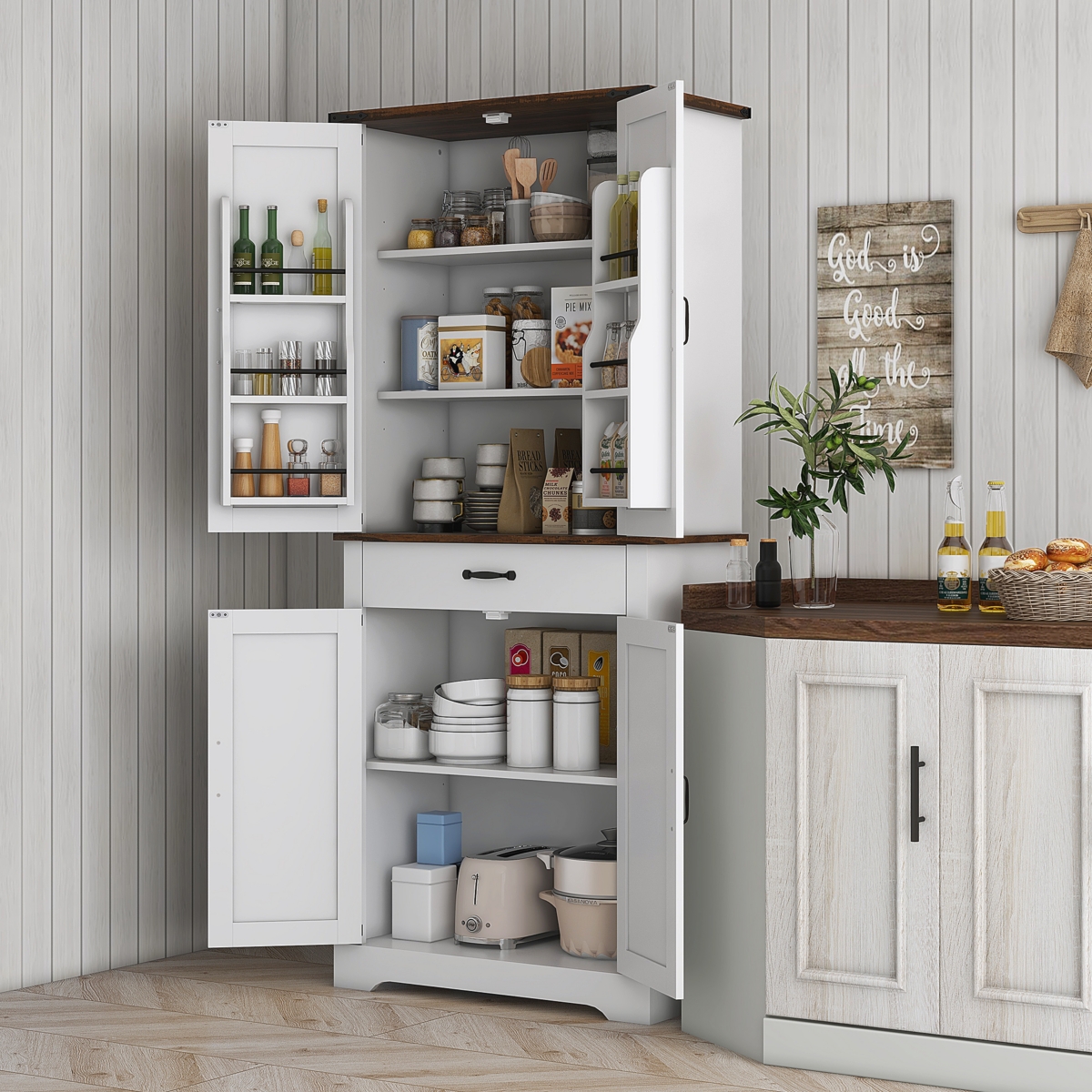 Homcom Farmhouse Kitchen Pantry Storage Cabinet w/ Doo Shelves, Drawer