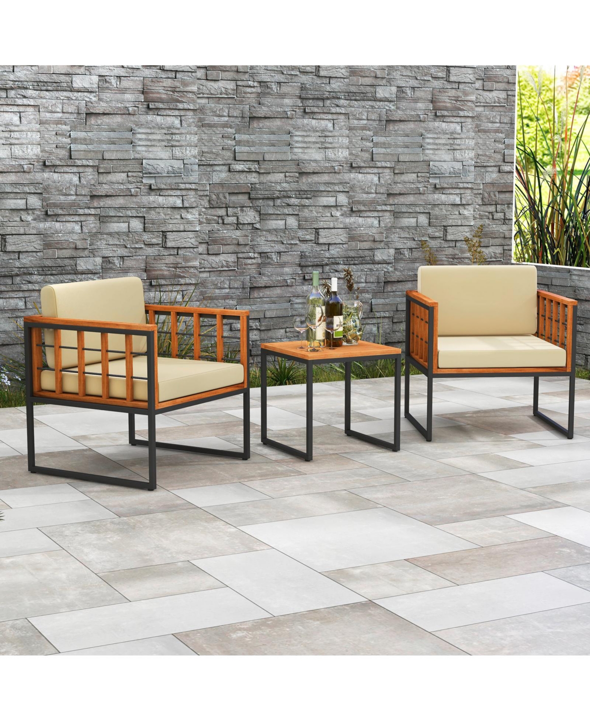 Givimo 3 Pieces Patio Chair Set Acacia Wood Outdoor Sofa Set with Soft Cushions- Beige