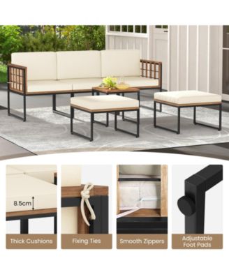 6 Pieces Acacia Wood Patio Furniture Set with Coffee Table and Ottomans-Beige