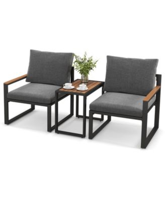 3 Pieces Aluminum Frame Weatherproof Outdoor Conversation Set with Soft Cushions-Gray