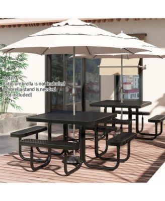 Square Picnic Table and Bench for 8 Person with Seats and Umbrella Hole-Black
