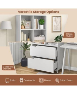 4-Tier Open Bookcase with 2 Drawers and 4 Storage Cubes-White